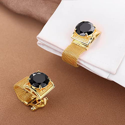 HAWSON Mens Cufflinks with Chain - Stone and Shiny Gold Tone Shirt Accessories - Party Gifts for Young Men - color: 24K Gold Color+Black Crystal