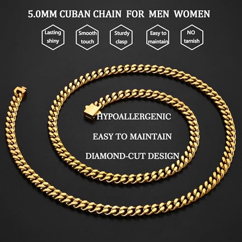 Fiusem Silver Tone/Black/14K Gold Plated Chain Necklace for Men, 5mm/6mm/7.5mm/8mm/9mm Stainless Steel Cuban Link Chain Necklace, Men's Chains 18-28 Inch Jewelry Gifts - size: 20", style: 5mm gold
