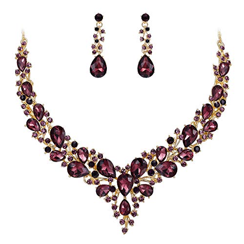Women's Wedding Statement Necklace Dangle Earring Jewelry | Austrian Crystal Teardrop Cluster,Necklaces Earrings Set for Bride Bridesmaid,Prom Accessories - color: 06-Deep Amethyst Color Gold-Plated-Base