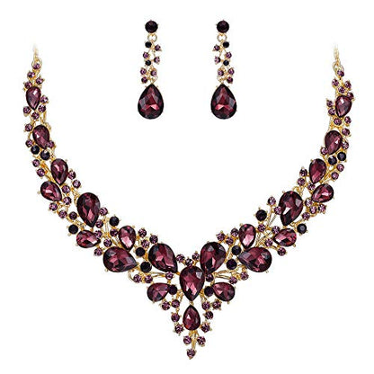 Women's Wedding Statement Necklace Dangle Earring Jewelry | Austrian Crystal Teardrop Cluster,Necklaces Earrings Set for Bride Bridesmaid,Prom Accessories - color: 06-Deep Amethyst Color Gold-Plated-Base
