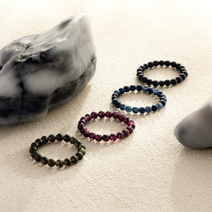 NLIEO Handmade Natural Gemstone Crystal Beaded Stretch Band Ring for Women | Handmade, 3mm Natural Stone, Size 7-12, Stretchy, Beaded Jewelry, Green Bead Rings, Trendy Jewelry Gift - style: Black Onyx