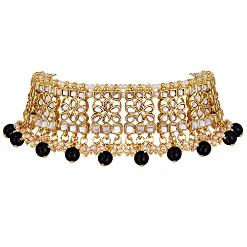 Aheli Elegant Indian Faux Kundan Studded Choker Necklace with Maang Tikka Set Ethnic Wedding Wear Bharatanatyam jewellery set Gift for Women - color: Black