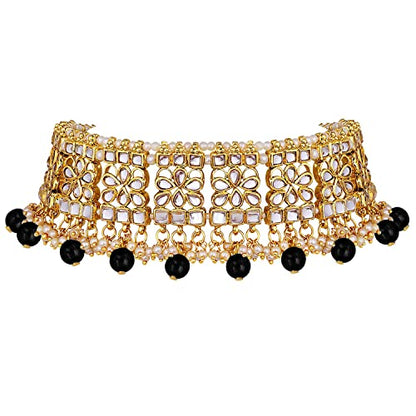 Aheli Elegant Indian Faux Kundan Studded Choker Necklace with Maang Tikka Set Ethnic Wedding Wear Bharatanatyam jewellery set Gift for Women - color: Black