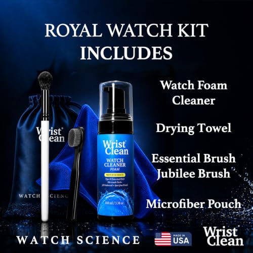 Royal Watch Cleaning Kit | (1x) Watch Cleaner Foam 100ML, (1x) Large Drying Towel, (2x) Non-scratch Brushes, (1x) Microfiber Pouch | USA Made (5 piece Set) | Science Formulation for Gentle Care | Special in-house Formulation for Reducing Scratches During