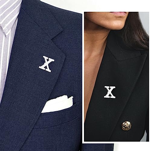 Initial Lapel Pin for Men Women, Brooch Pins for Men Suits, Metal Button Pins in 18K Gold and Silver Tone. - color: Silver-X