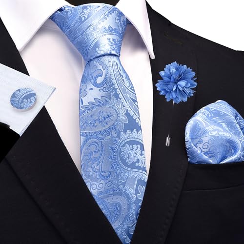 GUSLESON Paisley Tie Set for Men 3.15" Necktie Lapel Pin Hankerchief Cufflinks Set for Men - color: Baby Blue