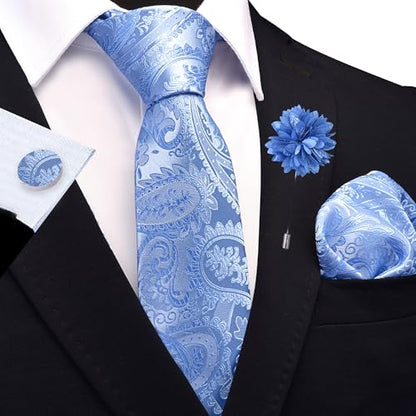 GUSLESON Paisley Tie Set for Men 3.15" Necktie Lapel Pin Hankerchief Cufflinks Set for Men - color: Baby Blue