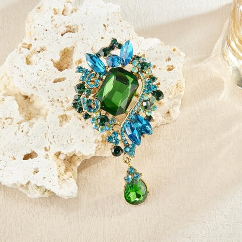 YOQUCOL Retro Austrian Crystal Big Brooch Pin for Women Large Flower Shape Brooches Lapel Pins for Sweater,Coat Dress Accessories - color: B-Green