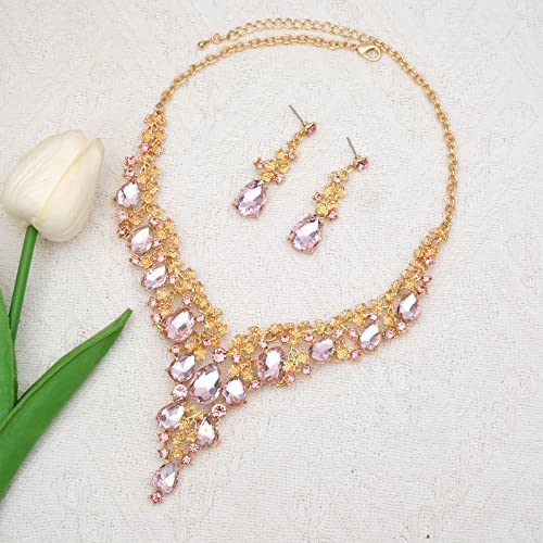 CSY Elegant Crystal Costume Jewelry Sets Flower Bridal Necklace Earrings Stretch Bangle Set for Bride Bridesmaid Wedding Dress Accessories - color: pink crystal