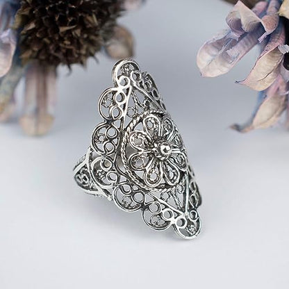 Filigranist 925 Sterling Silver Artisan Made Handcrafted Lace Embroidery Filigree Art Women Cocktail Statement Ring - style: Daisy