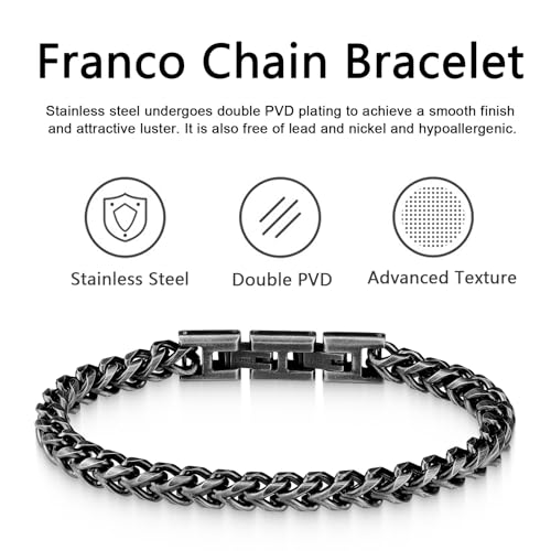 Mens Bracelet - Stainless Steel Fold Over Clasp Franco Chain Bracelets for Men - color: G-Gunmetal