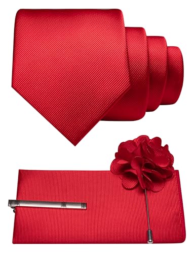 JEMYGINS Formal Necktie Solid Color Tie and Pocket Square with Tie Clip Lapel Pin Sets for Men 4PCS - color: Red