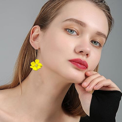 Bohemian Daisy Flower Matte Floral Long Petal Drop Dangle Earrings Layered Tiered for Women Chic Boho Wedding Jewelry - color: Yellow