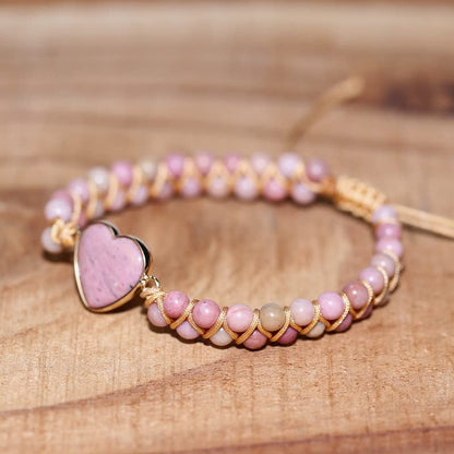 Women Boho Wrap Bracelet,Handmade Natural Stone Crystal Emperor Beads Heart Bracelet, Fashion Bohemian Jewelry Gift for Women - color: Rhodochrosite #2