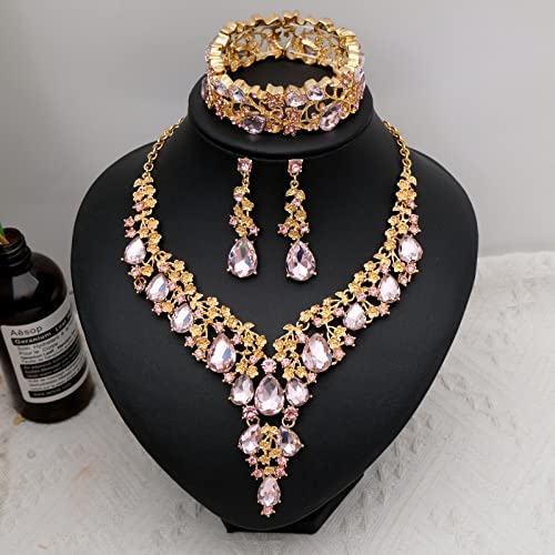 CSY Elegant Crystal Costume Jewelry Sets Flower Bridal Necklace Earrings Stretch Bangle Set for Bride Bridesmaid Wedding Dress Accessories - color: pink crystal