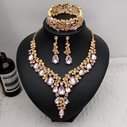 CSY Elegant Crystal Costume Jewelry Sets Flower Bridal Necklace Earrings Stretch Bangle Set for Bride Bridesmaid Wedding Dress Accessories - color: pink crystal