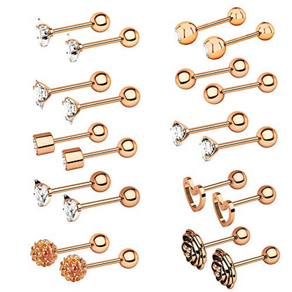 10 Pairs 16g Ear Cartilage Helix Surgical Stainless Steel Cubic Zirconia Stud Cartilage Earrings Huggie Screw Backs Ear Tragus Auricle Cute Love Heart Flower Barbell Piercing Set 4mm - color: Rose Gold