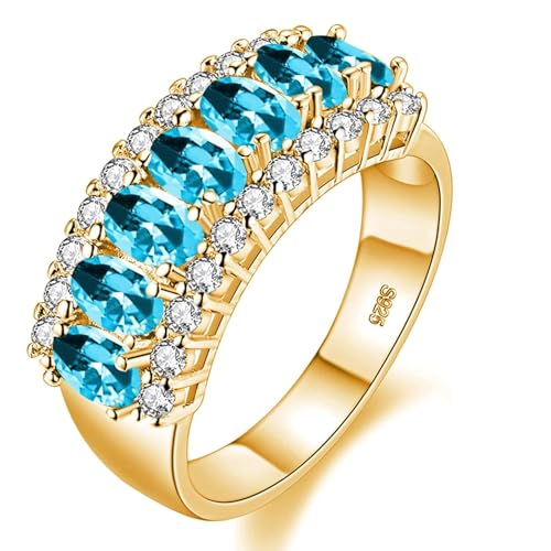 Uloveido Beautiful Women's 7 Stones Wedding Band Oval Cubic Zirconia Engagement Anniversary Rings J501 - color: Light Blue