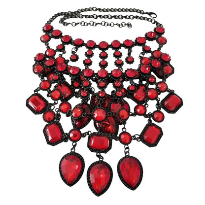 925 Sterling Silver Bib Jewelry Sets For Women - ZA Indian Ethnic Round Water Drop Crystal Tassel Necklace Earrings Jewelry Sets Statement Large, Chunky Rhinestone Necklace - color: Red - Bib Necklace