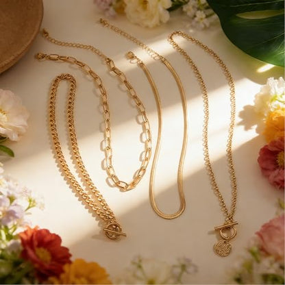 4 Pcs Chunky Gold Layered Necklaces for Women, Vintage Toggle Clasp Cuban & Paperclip Chain Stack, Herringbone Choker Coin Medallion Pendant Set, Trendy Mob Wife Jewelry