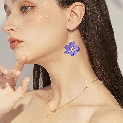 Bohemian Daisy Flower Matte Floral Long Petal Drop Dangle Earrings Layered Tiered for Women Chic Boho Wedding Jewelry - color: Violet