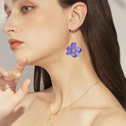 Bohemian Daisy Flower Matte Floral Long Petal Drop Dangle Earrings Layered Tiered for Women Chic Boho Wedding Jewelry - color: Violet