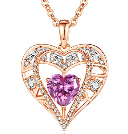 5 Heart I Love You Necklace for Women, Birthstone Crystal Pendant, Birthday Gift for Her, Wife, Mom, Rose Gold or Gunmetal Plated, 925 Sterling Silver Chain 18"+2" - color: 06-June-Alexandrite Light Purple-Rose Gold Plated