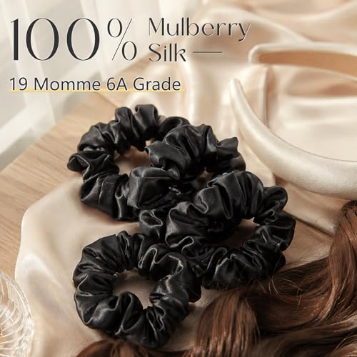 ZIMASILK 100% Pure Mulberry Silk Hair Scrunchies for Women | No Damage - Gentle Elastic Hair Ties for Ponytail Holder - Hair Accessories (4 Pack, Black) - color: Black (4pcs)