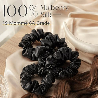 ZIMASILK 100% Pure Mulberry Silk Hair Scrunchies for Women | No Damage - Gentle Elastic Hair Ties for Ponytail Holder - Hair Accessories (4 Pack, Black) - color: Black (4pcs)