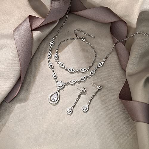 EVER FAITH Bridal Jewelry Set for Women, Stunning Teardrop Cubic Zirconia Birthstone Necklace Bracelet Earrings Sets Gift for Mothers Day/Valentines/Birthday/Christmas - color: Clear