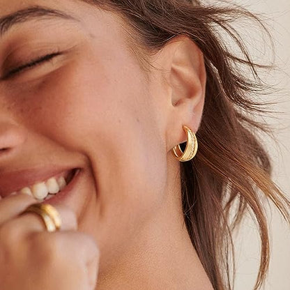 MEVECCO Chunky Huggie Hoop Earrings for Women Starburst Beaded Styles | 18K Gold Plated Brass, Triple Or Single Cubic Zirconia Star Details, Graduated Rounded Profile, Front Stone Row - style: Middle CZ Hoop
