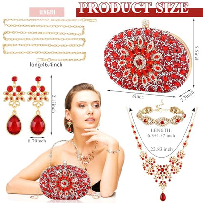 Quelay 4 Pcs Purse Rhinestone Jewelry Set Women | Wedding Bridal Prom Jewelry Sparkly Clutch Handbag with Necklace Bracelet Dangle Earrings Shiny Costume Kit - color: Red, style: Elegant