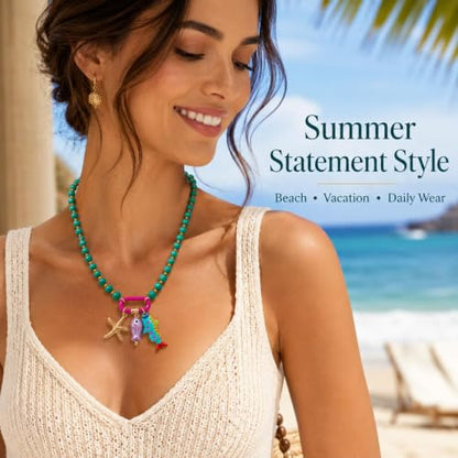 LIU JUN Colorful Beaded Necklace for Women, Chunky Boho Fish Starfish Conch Pendant Acrylic Bead Necklaces Cute Y2K Summer Beach Jewelry Gifts - color: Green