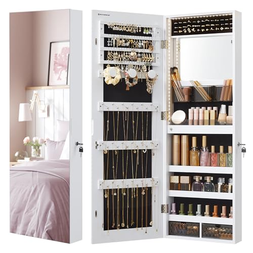 SONGMICS Mirror Jewelry Cabinet Armoire Organizer, Wall or Door Mount Storage Cabinet with Full-Length Frameless Lighted Mirror, Built-in Makeup Mirror, 2 Drawers, Lockable, White UJJC013W01 - color: White, style: 42.5-Inch with Built-in Lighted Mirror