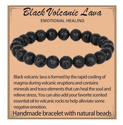 LPBeads Handmade Natural Gemstone Stretch Elastic Bracelet Healing Crystal Round Stone Beads Jewelry Gifts for Women Men - color: Black Lava, size: 8mm