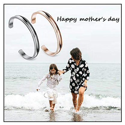 Zuo Bao Stainless Steel Bracelet Grooved Cuff Bangle for Women - color: Silver+Rose Gold