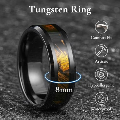 King Will Tungsten Wedding Band Wood Inlay for Men Black Beveled Edge | Black, 8mm, Beveled Edge, Comfort Fit, Wood inlay, Promise Gift - color: Black-Gold