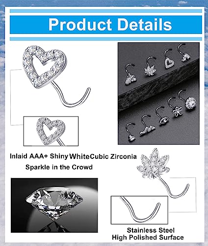 Tornito 16Pcs Nose Stud Rings L Screw Shaped Nose Ring Flower Snake Butterfly Heart Eye CZ Dangle Nose Rings Stud Body Piercing Jewelry for Women Men 20G Silver Pink Tone - color: D:Silver CZ(Screw Shaped)