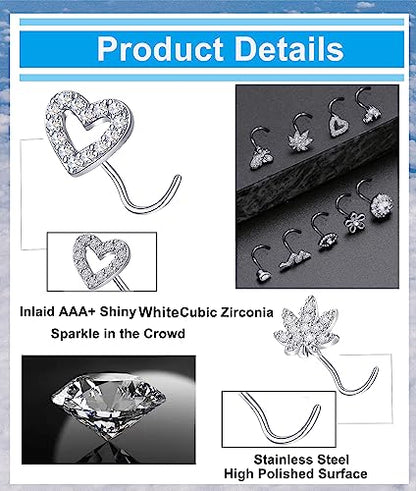 Tornito 16Pcs Nose Stud Rings L Screw Shaped Nose Ring Flower Snake Butterfly Heart Eye CZ Dangle Nose Rings Stud Body Piercing Jewelry for Women Men 20G Silver Pink Tone - color: D:Silver CZ(Screw Shaped)