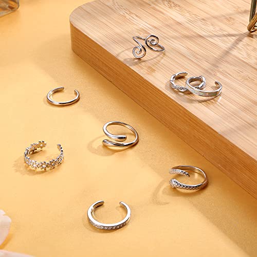 FIASASO 925 Sterling Silver Toe Rings for Women Adjustable 14K White Gold Plated Flower Cz Snake Twist Opal Band Rings Summer Beach Open Toe Rings Foot Jewelry - style: twist