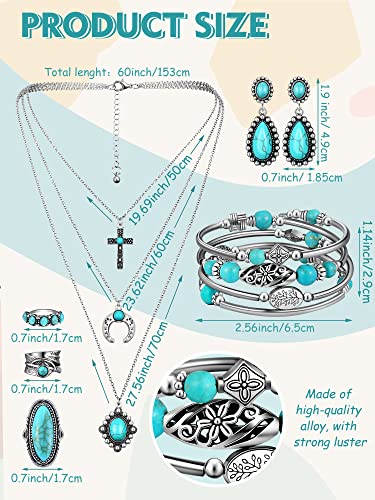 Ecally Bohemian Western Jewelry Turquoise Set Women Country Pendant Long Choker Layered Bracelets Earrings Ring for Women - color: Turquoise, style: Elegant