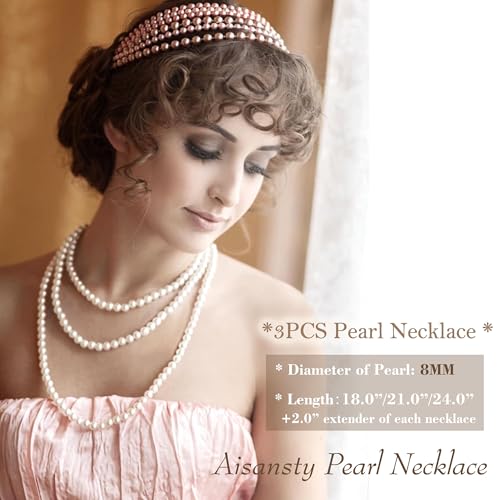 Long Pearl Necklaces for Women Cream White Faux Pearl Strand Layered Necklace Costume Jewelry - color: 3Pcs Cream White Pearl Necklace (8MM)
