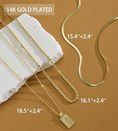 YEEZII Layered Gold Necklaces for Women Trendy, 3 Pcs 14K Gold Plated Choker Paperclip Box Chain Necklace, Stackable Women's Gold Pendant Necklaces Jewelry Set - color: Gold-3 pcs-Geometric Pendant