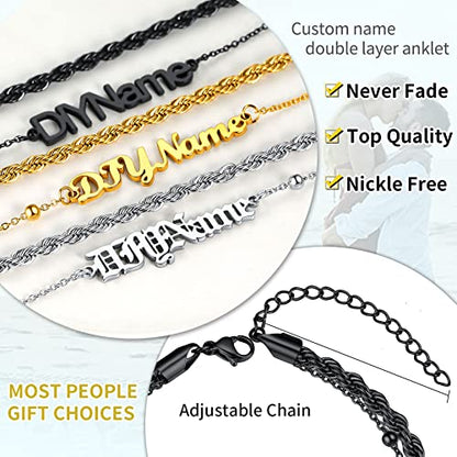 ChainsHouse Double Layer Anklet Bracelet for Women,Adjustable Chain Anklets Stackable Dainty Anklets,Stainless Steel/Gold Plated/Black Ankle Jewelry Gifts - color: C-Black-Rope Chain