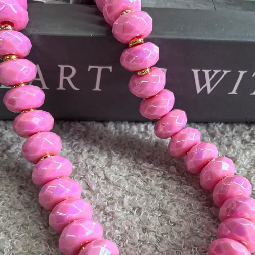 Colorful Chunky Acrylic Beaded Choker Necklaces for Women | Multicolor Faceted Beads, Sturdy Metal Chain, Adjustable Detachable, Lightweight, Summer Boho, Sparkly Statement Jewelry Gift - color: Pink