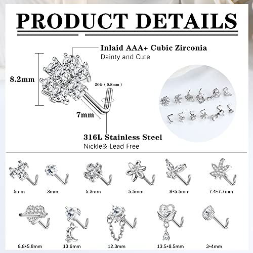 Sanfenly 12 PCS 20G Nose Rings Surgical Stainless Steel, L Shaped Nose Studs for Women Men, CZ Heart Butterfly Flower Leaf Moon Dangle Cute Nose Piercings Studs Screw Jewelry Pink/Purple/Blue/Clear - color: Clear