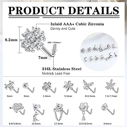 Sanfenly 12 PCS 20G Nose Rings Surgical Stainless Steel, L Shaped Nose Studs for Women Men, CZ Heart Butterfly Flower Leaf Moon Dangle Cute Nose Piercings Studs Screw Jewelry Pink/Purple/Blue/Clear - color: Clear