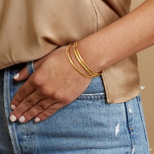 Awinesn 18K Gold Plated Bangles for Women Stainless Steel Glossy Stackable Thin Round Bracelets Solid Plain Polished Bangles Bracelets Set of 3 Jewelry for Women - size: 8 inches, style: wide-3-G