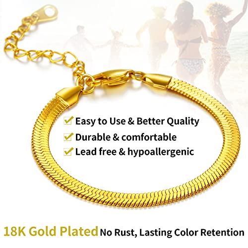 ChainsHouse Stainless Steel Herringbone Flat Chain Bracelets for Women,18K Gold/Rose Gold/Black Metal Paperclip/Snake/Cuban/Figaro Sterling Silver Link Charm Bracelet, 16+5cm Adjustable, With Gift Box - color: f. herringbone-gold-6mm