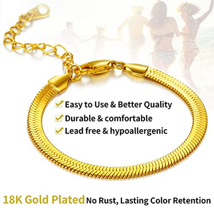 ChainsHouse Stainless Steel Herringbone Flat Chain Bracelets for Women,18K Gold/Rose Gold/Black Metal Paperclip/Snake/Cuban/Figaro Sterling Silver Link Charm Bracelet, 16+5cm Adjustable, With Gift Box - color: f. herringbone-gold-6mm